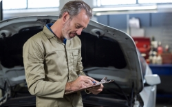 Inspector fills out a form with the results of the exhaust emission test