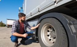 A driver kneels down checking tuck tire