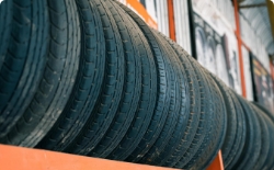 Close-up to rack packed up with tires