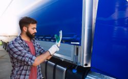 Preparing the tarpaulin for repair – the mechanic puts on gloves