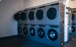 Laundry room, rows of washing machines