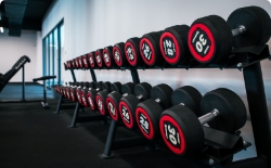 Gym, close-up of a rack with dumbbells
