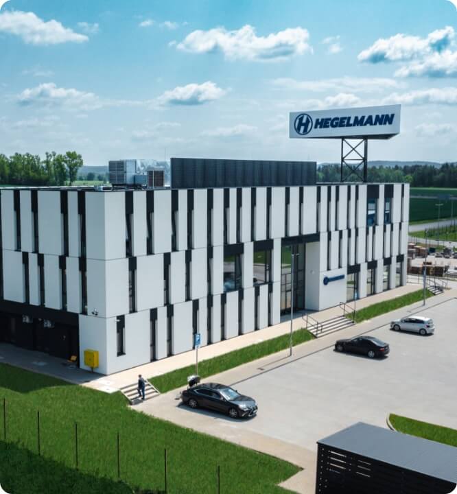 Hegelmann Hub in Żarska Wieś near Zgorzelec – office building with Hegelmann logo, and parking lot on DK94